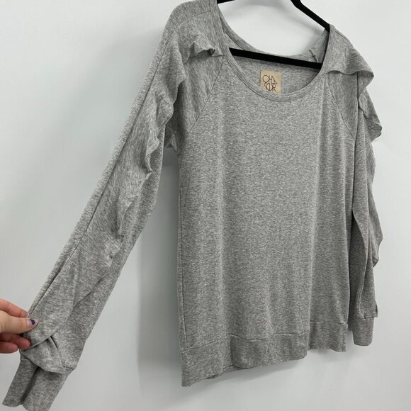 NWT CHASER *Flawed* Heather Gray Long Sleeve Ruffle Open Neck Shirt Size Medium - Picture 3 of 5